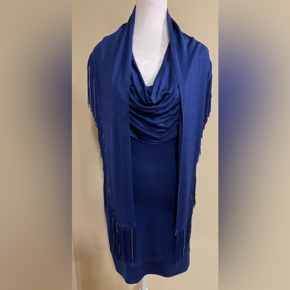 Blue cowl neck draped front dress with shawl​​​​
